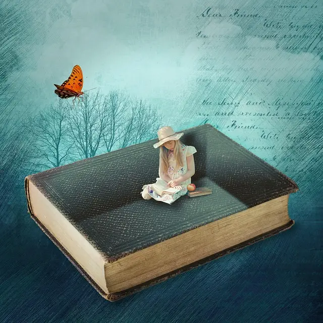 GRafik mit lesendem Mädhen auf großem Buch